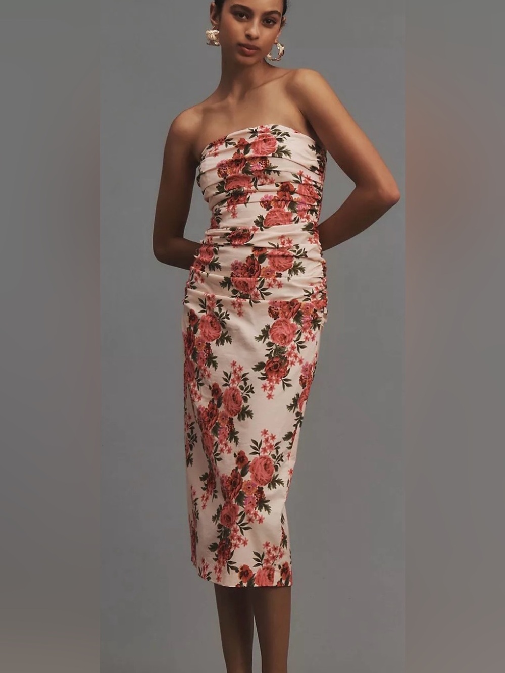 Anthropologie Pink Floral Ruched Strapless Midi Dress